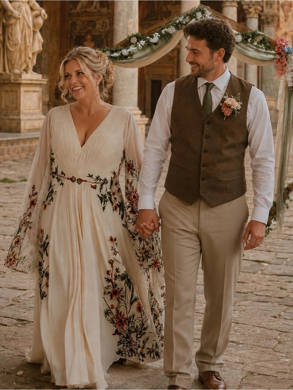 Ivory Floral Embroidered V-Neck Wedding Gown - Picture 3 of 7